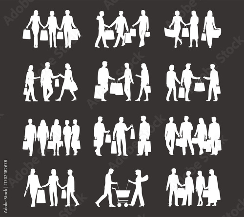 Shopping couple silhouettes, family shoppers, retail group walking, people with bags, mall lifestyle, consumer silhouettes, ecommerce, modern buyer vector pack