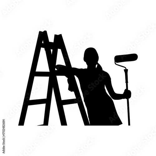 A strong, simple silhouette of a woman painting a wall using a roller and ladder.
