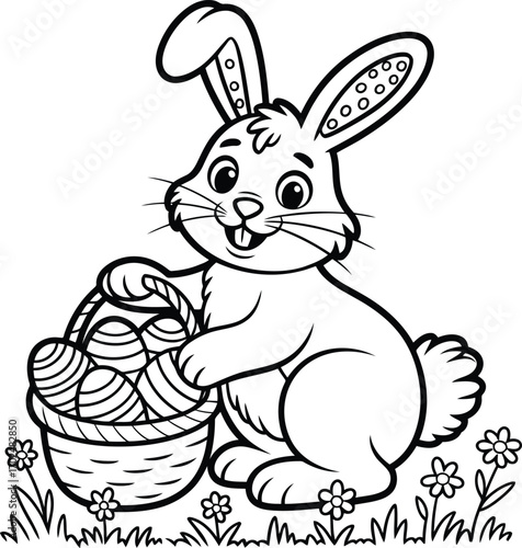 Cute cartoon easter bunny holding a basket full of decorated eggs surrounded by spring flowers in a simple line art style