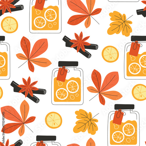 Cozy seamless autumn pattern showcasing jars of homemade citrus preserve, vibrant fall foliage, and aromatic spices, perfect for seasonal comfort and warm designs