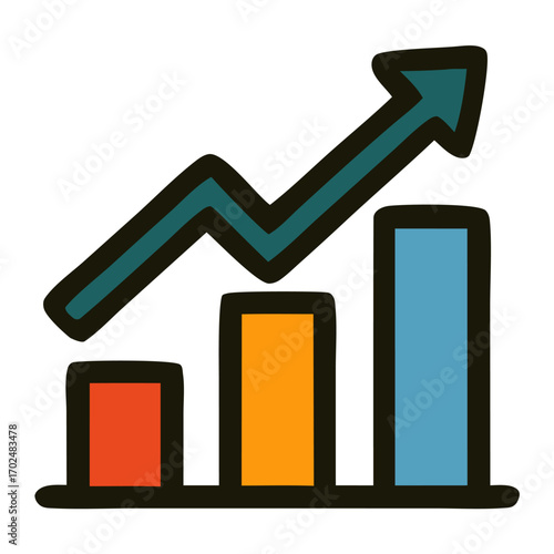 Bar graph with an upward trending arrow icon, perfect for financial presentations, business reports, marketing materials, and economic analysis.