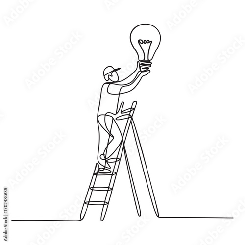 Single continuous line Art drawing worker electrician on ladder change light bulb. with white background