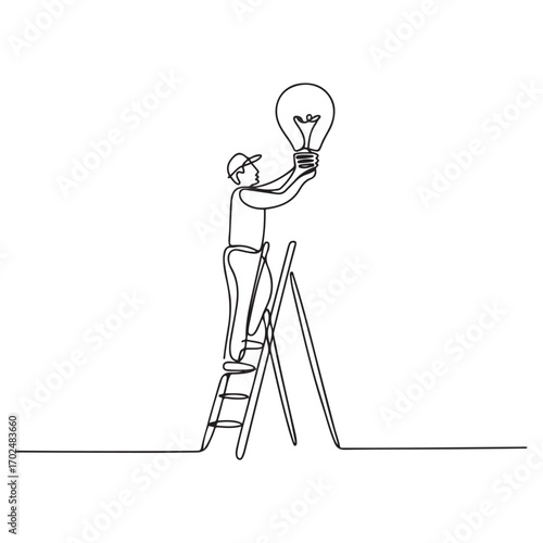 Single continuous line Art drawing worker electrician on ladder change light bulb. with white background