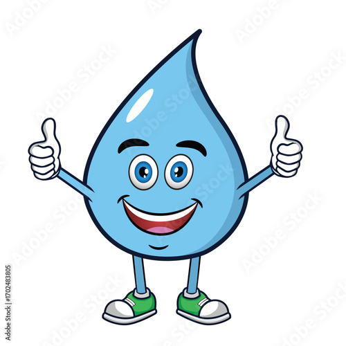  blue water drop cartoon character with a happy face, smiling and dripping with joy