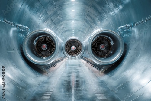 Engine testing chamber showcases powerful jet engines in a controlled environment
