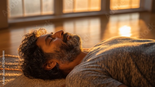 Man with calm expression lies supine on floor, bathed in warm sunlight streaming through large windows, creating serene and peaceful atmosphere