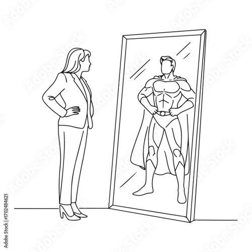 Single one line Art drawing businesswoman looking at reflection in mirror and seeing super hero standing. with white background