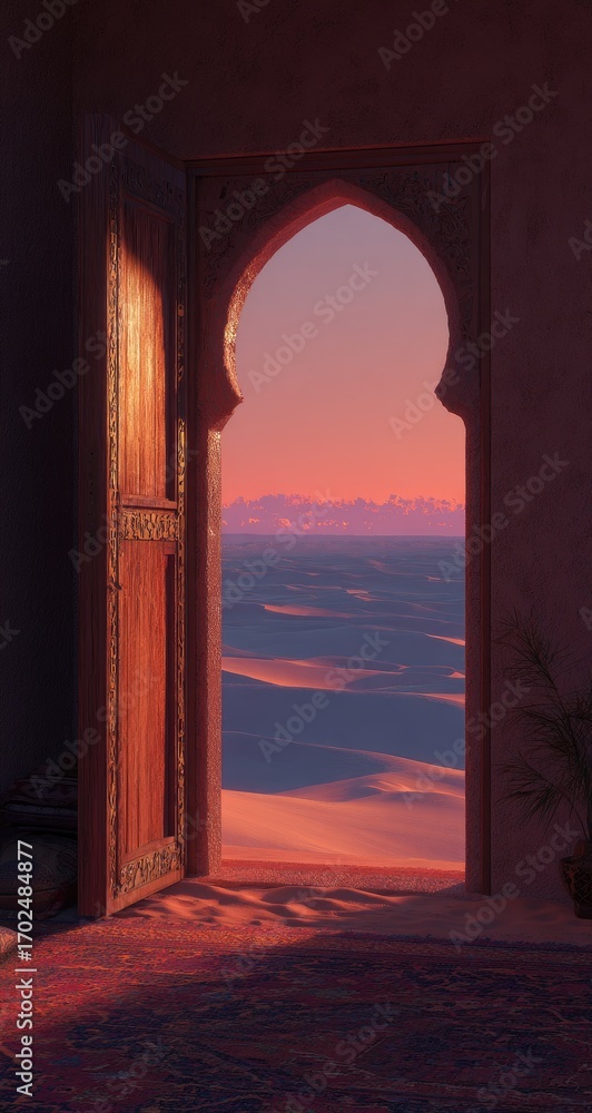 Fototapeta premium Open arched doorway to desert sunset