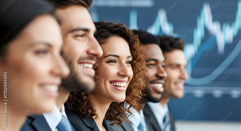 Obraz premium Confident Diverse Business Team Smiling Success Growth Strategy Teamwork Collaboration Professional Corporate Employees Finance