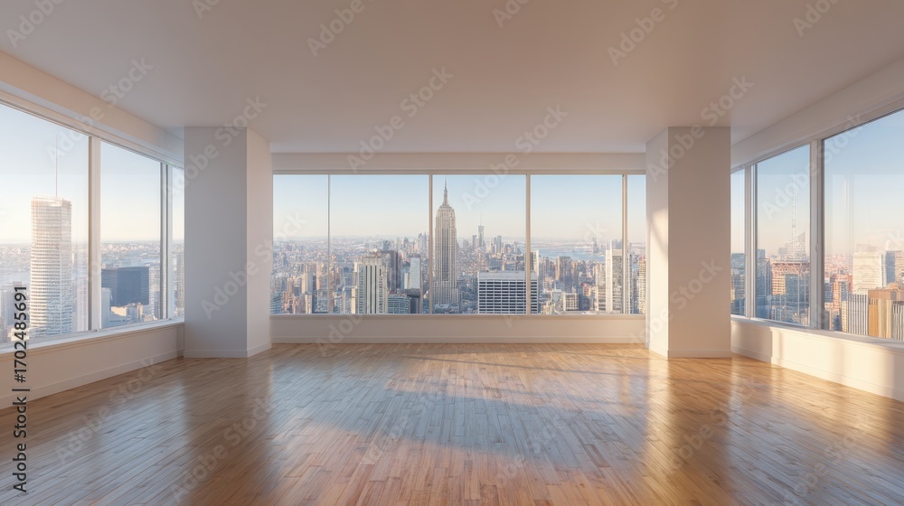 Fototapeta premium Modern Empty Apartment Interior with Large Windows Overlooking the New York City Skyline at Sunset