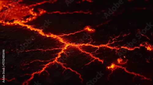 Glowing lava cracks spread across black volcanic surface, creating dramatic fiery molten lines and patterns that evoke intense heat, energy, and danger during powerful eruption, with fissures