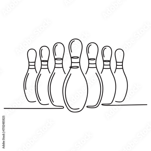 Single continuous line Art drawing of bowling pins lined up at bowling lane. Doing sport hobby at leisure time concept. with white background