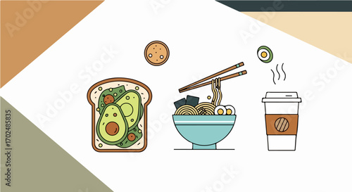 Minimalist vector illustration set of popular daily meals featuring avocado toast, a bowl of ramen noodle soup, and a cup of coffee