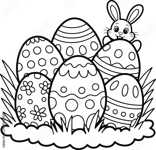 Happy easter coloring page featuring a cute bunny peeking from behind decorated eggs nestled in grass and clouds