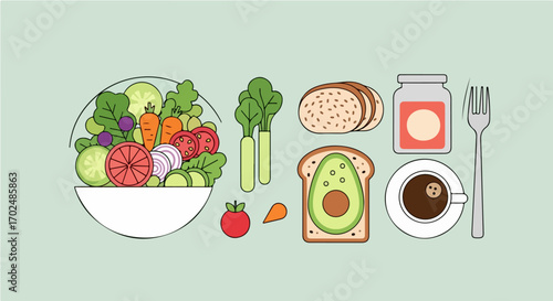 Flat lay illustration of a nutritious and balanced meal with fresh salad, avocado toast, vegetables, and coffee for a healthy lifestyle