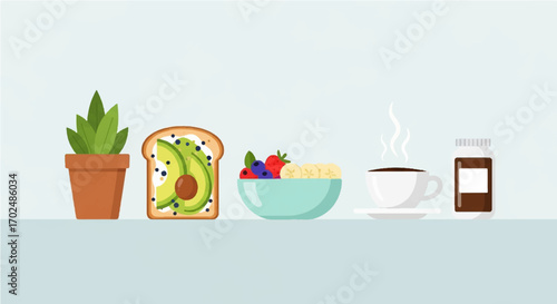 Modern flat vector illustration of a nutritious morning meal with avocado toast, fresh fruit bowl, hot coffee, and supplements