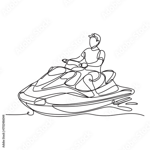 Single continuous line drawing of young sporty tourist man fun playing jet ski in the sea. with white background
