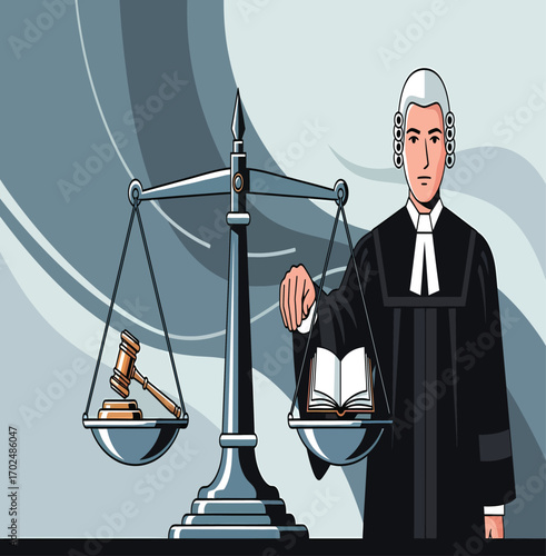 Vector, illustration, judge lawyer, scales of justice and gavel, justice, poster, background