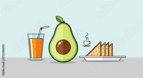 Healthy breakfast flat design illustration featuring fresh orange juice, a ripe avocado, and crispy toast with a warm beverage, promoting a balanced morning