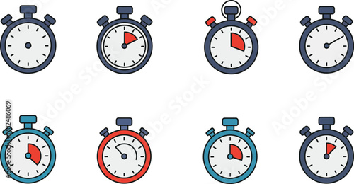 various colorful stopwatches showing different times and designs