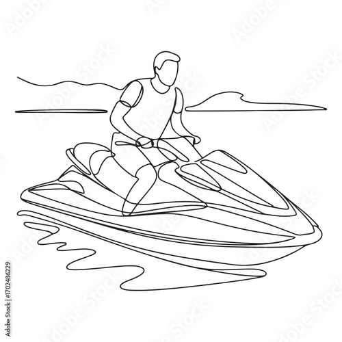 Single continuous line drawing of young sporty tourist man fun playing jet ski in the sea. with white background