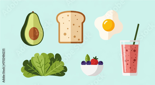 A colorful flat design vector illustration set of healthy breakfast food icons, including avocado, toast, fried egg, leafy greens, fruit bowl, and a smoothie