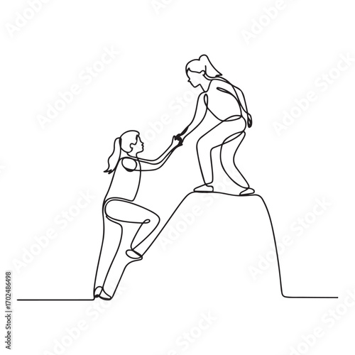 Single one line Art drawing two woman help each other to climb up the mountain. Help hand, hope and support. with white background