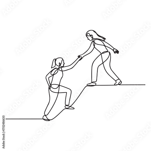Single one line Art drawing two woman help each other to climb up the mountain. Help hand, hope and support. with white background