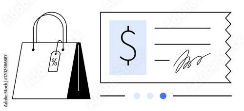 Shopping bag with a discount tag and a receipt with a dollar sign and signature. Ideal for retail, e-commerce, sales, discounts, finance, marketing, digital wallet, simple landing page
