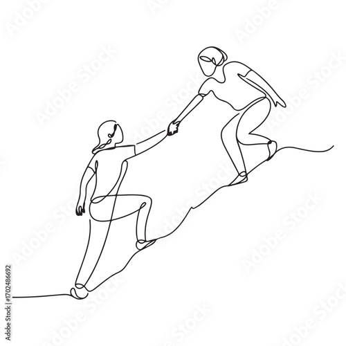 Single one line Art drawing two woman help each other to climb up the mountain. Help hand, hope and support. with white background