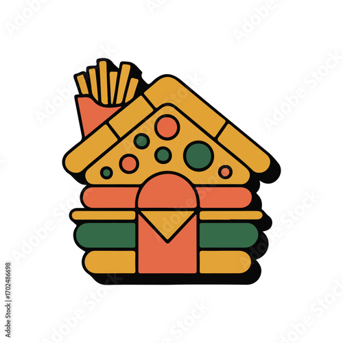 Unique and Fun Food House Icon Illustration with Burger Fries and Pizza for Creative Food Designs and Menu Graphics