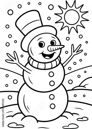 Joyful snowman with a top hat and scarf stands happily in a snowy landscape under a bright sun with falling snowflakes