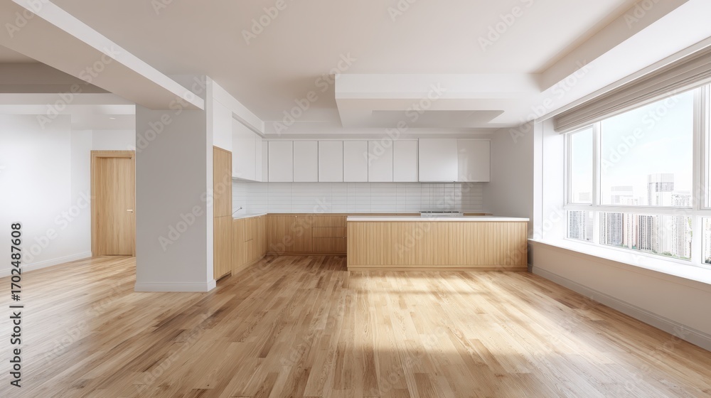 Fototapeta premium Bright Modern Apartment Interior with Open Kitchen and Hardwood Floors, Minimalist Design, and Natural Light
