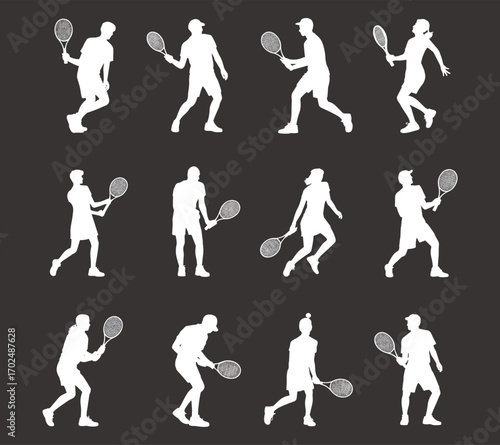 Tennis player silhouettes set, athletes with rackets in action poses, sports icons, match competition, game illustrations, fitness, training graphics