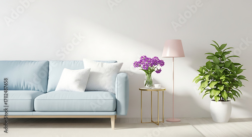 Bright and airy living room interior with a light blue sofa, white pillows, a glass vase with purple flowers, a pink lamp, and a potted green plant against a white wall isolated on white background