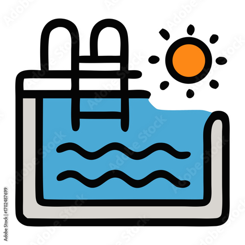 Swimming pool with ladder, clear water, and a bright sun. Ideal for travel brochures, summer vacation advertisements, or leisure activity designs.