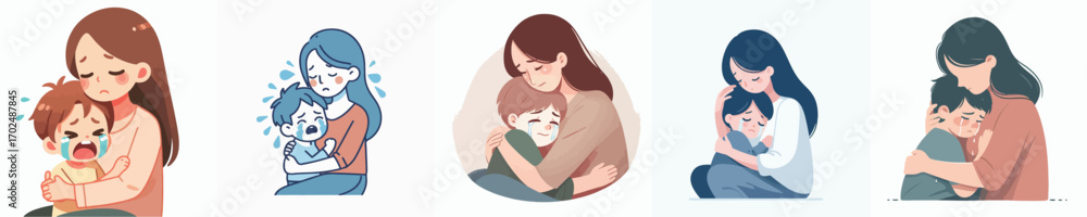 Obraz premium vector of a boy crying in his mother's arms