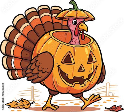 Cartoon turkey wearing a pumpkin costume for halloween or thanksgiving