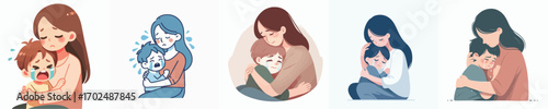 vector of a boy crying in his mother's arms