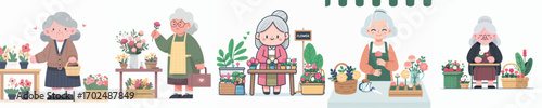 vector of grandmother selling flowers