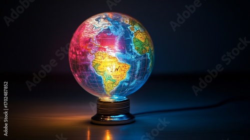 Illuminated Earth globe rests on lamp base