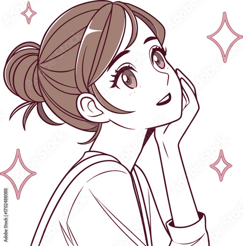 anime-style vector illustration of a young woman with fair skin, soft blush, and gentle makeup.