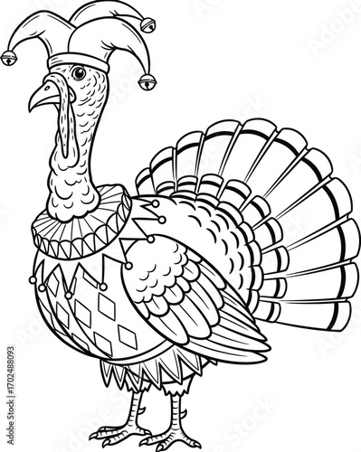 Turkey dressed as a jester in black and white line art style