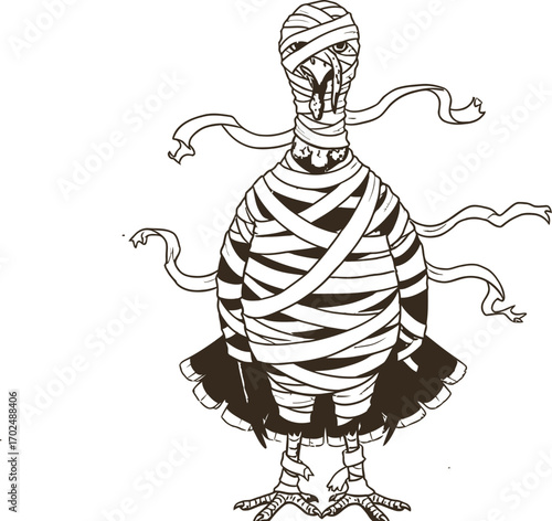 Cartoon turkey wrapped like a mummy for halloween or thanksgiving