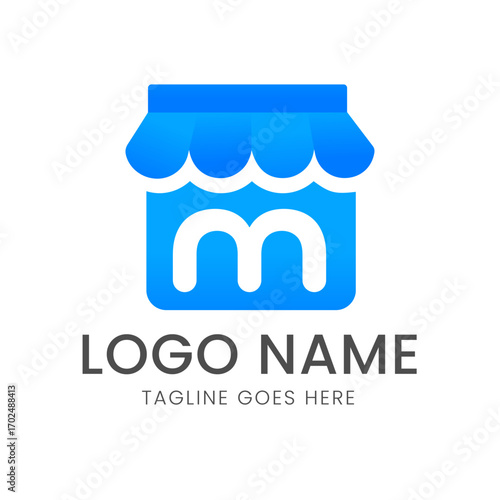 A modern e-commerce logo featuring a blue storefront shape with a large letter 'M' inside, and placeholders for text below.