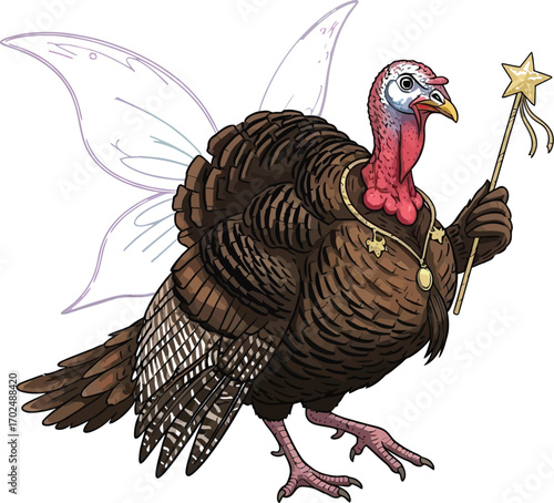 Turkey fairy with wings and magic wand on a white background