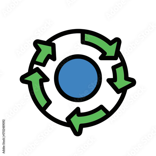 Circular arrows rotate around center indicating flow icon