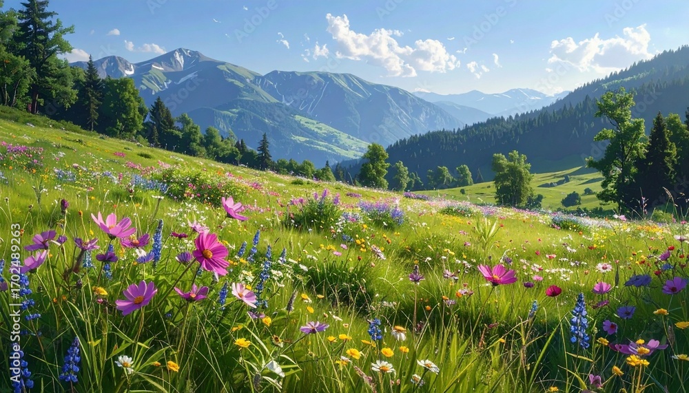 Obraz premium Peaceful meadow filled with colorful wildflowers, mountains in the distance