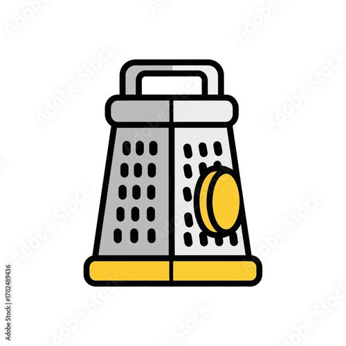 Metal grater shreds cheese in kitchen preparation tool illustration