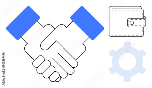 Handshake illustrating collaboration, wallet symbolizing finance, gear for process. Ideal for partnership, teamwork, financial agreement, collaboration, strategy cooperation business. Flat simple